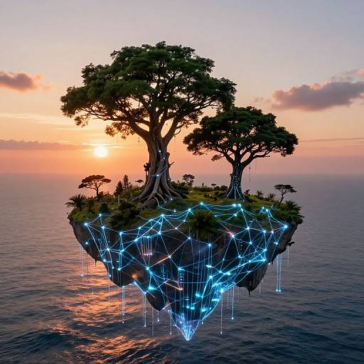 Digital artwork of a floating island with towering trees, illuminated by blue glowing lines, set against a vibrant sunset over calm ocean waters.