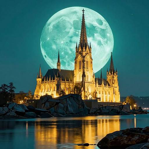 Photograph of a glowing Gothic cathedral illuminated by a large, luminescent full moon, reflected in a calm, dark blue lake.