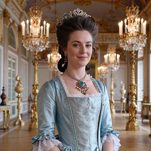Photograph of a fair-skinned woman with dark hair in an elaborate 18th-century blue gown, tiara, and emerald necklace, standing