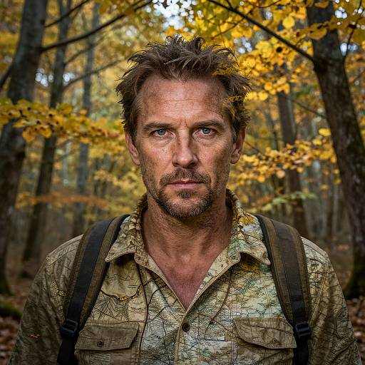 Photograph of a rugged, middle-aged man with tousled brown hair and blue eyes, wearing a camouflage shirt and backpack, standing in a vibrant autumn