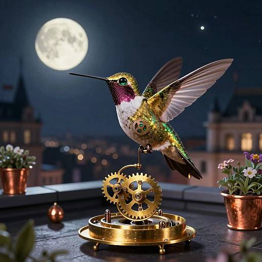 Clockwork Hummingbird Over Moonlit Rooftops