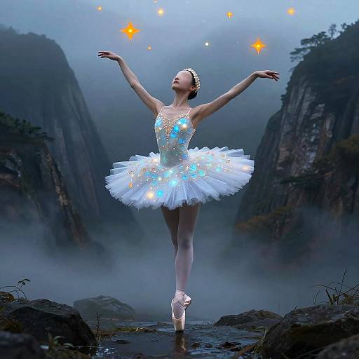 Photograph of a glowing ballet dancer in a white tutu, surrounded by floating stars, standing en pointe in a misty, mountainous river