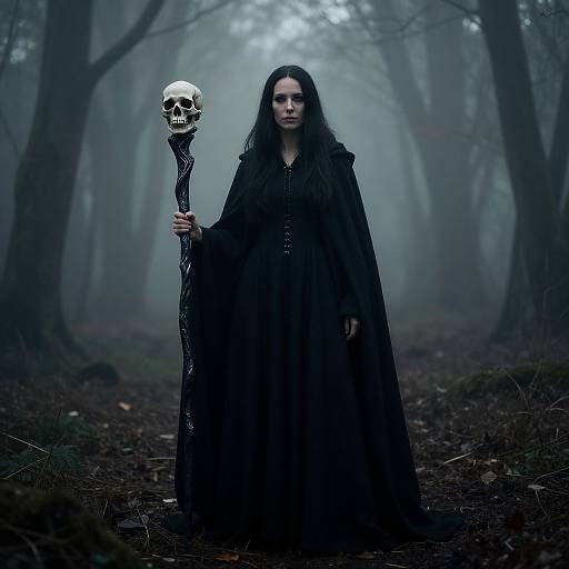 Photograph of a pale, dark-haired woman in a black, flowing cloak holding a skull-topped staff in a foggy, eerie forest.