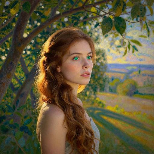 Photograph-style digital art of a young woman with long, wavy red hair, green eyes, and fair skin, standing in a sunlit,
