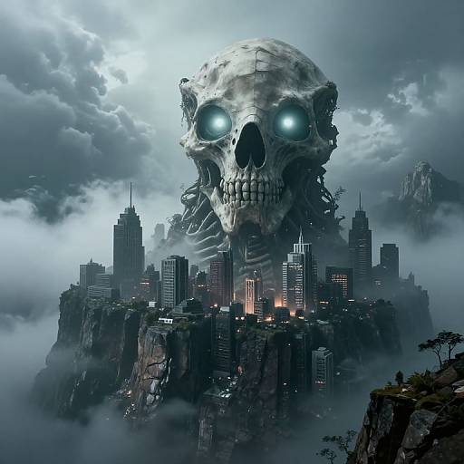 Digital artwork of a giant glowing skull looming over a foggy, dark cityscape with skyscrapers, eerie blue eyes, and stormy clouds.