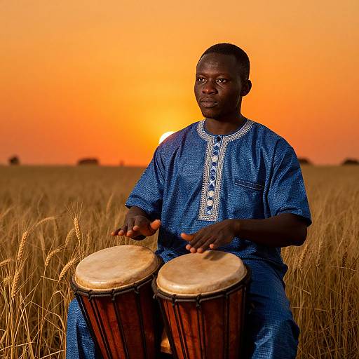 Young Man Drumming in Wheat Field