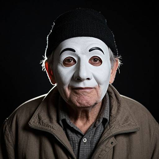 Photograph of an elderly man with a white clown mask, black beanie, brown jacket, and dark shirt, against a black background.