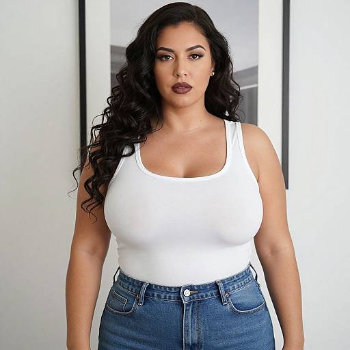 Photograph of a curvy, dark-haired woman with long curls, wearing a white tank top and blue high-waist jeans, standing in a