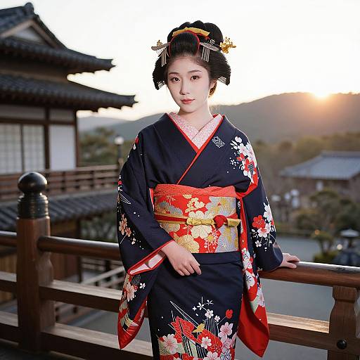Photograph of an East Asian woman in a traditional black kimono with red and floral patterns, standing on a wooden balcony at sunset, traditional Japanese architecture
