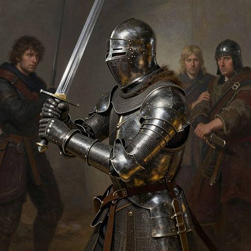 Photorealistic digital painting of armored knight with raised sword, surrounded by three men in medieval clothing, dark, dimly lit background.