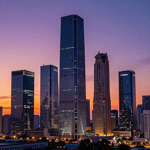 Photograph of a city skyline at dusk with tall, illuminated skyscrapers against a purple and orange gradient sky.