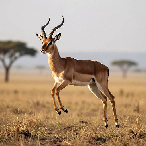 Photograph of a graceful, light brown antelope with curved horns, mid-leap in a sunlit, golden grassy savanna, with blurred