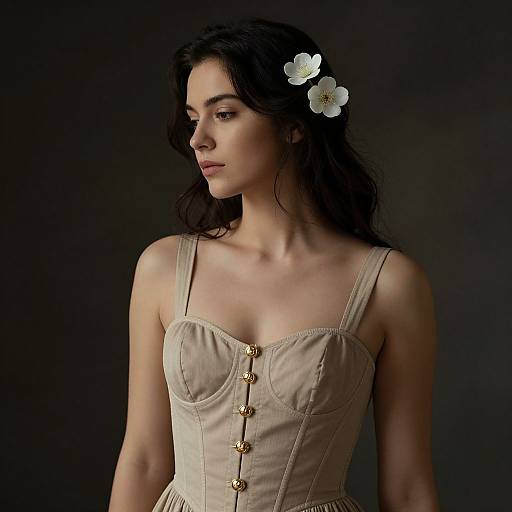 Photograph of a pale-skinned woman with dark, wavy hair, wearing a beige, buttoned corset with white flowers in her hair,