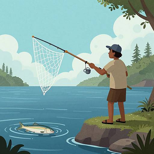 Illustration of a man fishing on a rocky cliff, casting a net over a lake, with a fish swimming below.