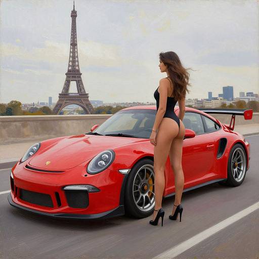 Photograph of a curvy woman in black thong bodysuit and high heels, standing beside a red Porsche sports car, with the Eiff