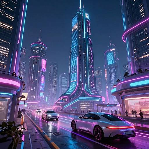 Neon-lit futuristic cityscape at night with glowing skyscrapers, sleek white cars, and vibrant purple, blue, and pink lights reflecting on