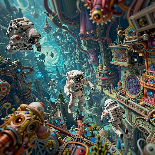 Digital artwork: Three astronauts in white space suits float amidst a vibrant, steampunk-inspired, futuristic cityscape with glowing blue lights and intricate machinery.