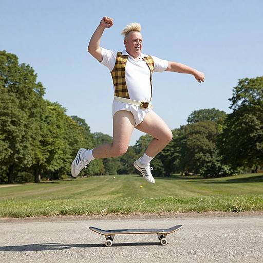 Photograph of a blonde, muscular man in a white shirt, yellow plaid vest, white underwear, and sneakers, mid-air skateboarding. Background