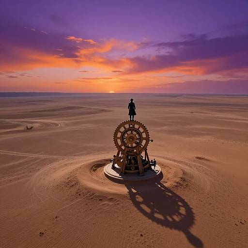 Aerial photograph of a lone figure standing on a large, gear-like structure in a vast, sandy desert at sunset, with a vibrant purple and orange