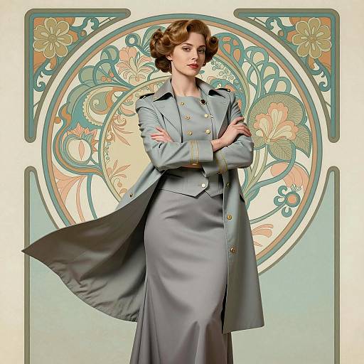 Confident Woman in Vintage Uniform with Art Nouveau Background