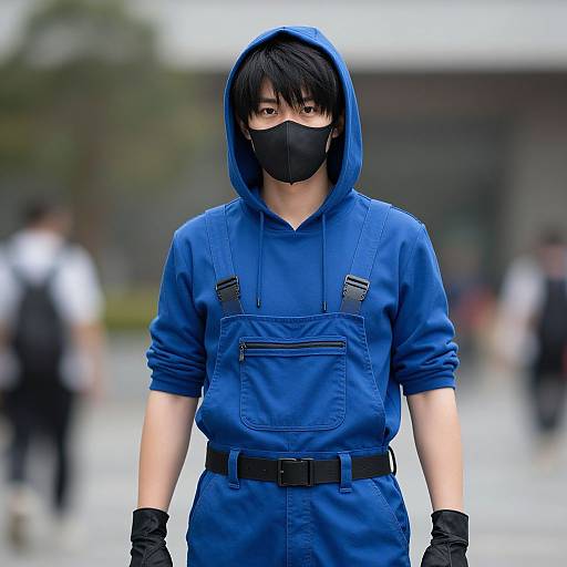 Photograph of an Asian male with black hair, wearing a blue hooded jumpsuit, black mask, and gloves, standing in a blurred urban background