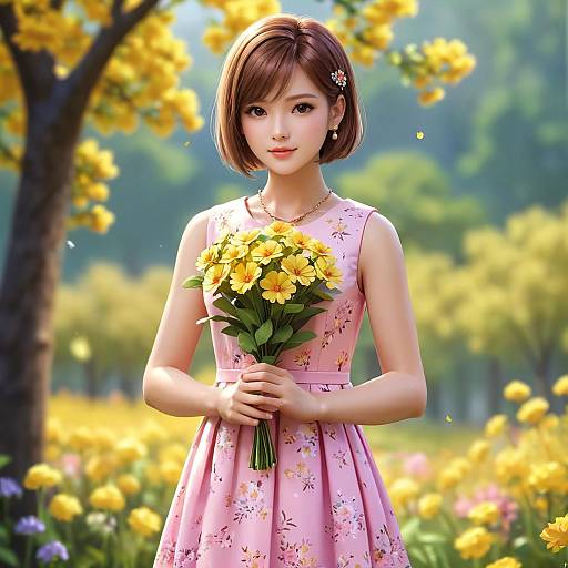 Girl in Pink Dress Holding Bouquet