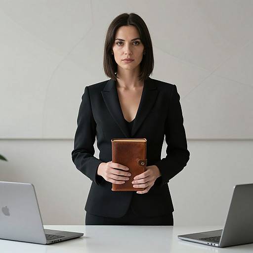 Photograph of a serious, dark-haired woman in a black blazer holding a brown leather-bound book, standing in a modern, white office with two