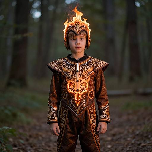Photograph of a young boy in a dark, ornate medieval costume with glowing fire patterns, wearing a fiery helmet, standing in a forest path at