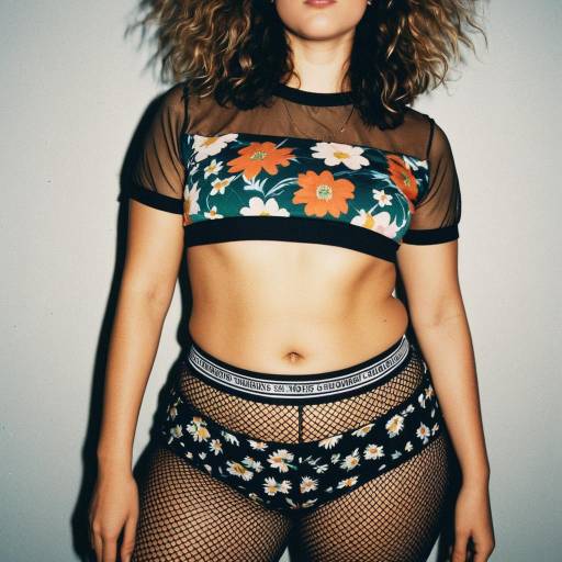Woman in 90s Floral Crop Top and Fishnet Tights