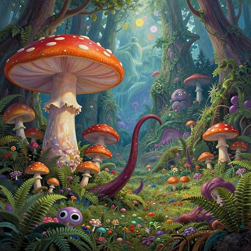 Fantastical forest scene with oversized red-capped mushrooms, whimsical fungi, and playful forest creatures, bathed in moonlight and surrounded by lush