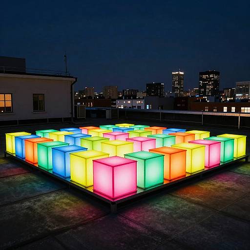 Photograph of a neon-lit, multi-colored cube array on a rooftop at night, with a city skyline of lit buildings in the background.