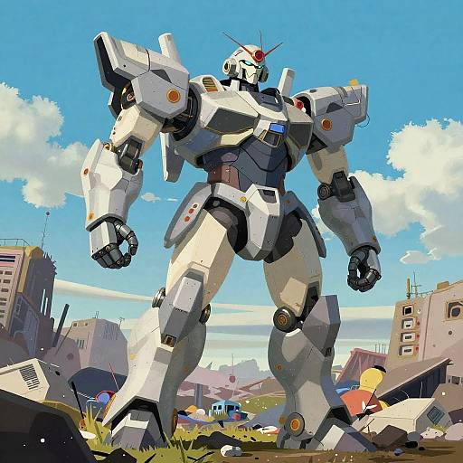 Pixel art of a large, white, humanoid robot with red antenna standing in a ruined cityscape under a blue sky with clouds.