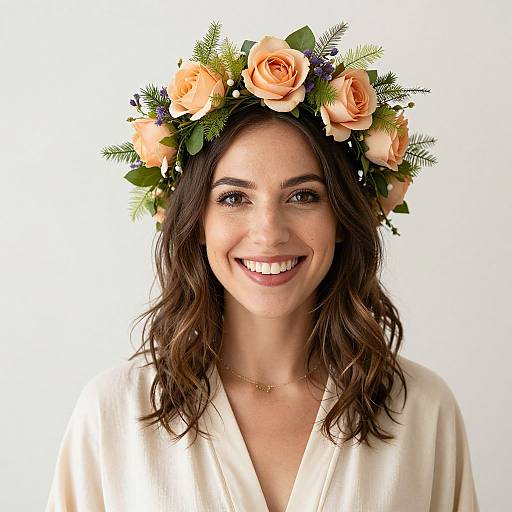 Photograph of a smiling woman with wavy brown hair, wearing a peach rose and greenery crown, white dress, and gold necklace.