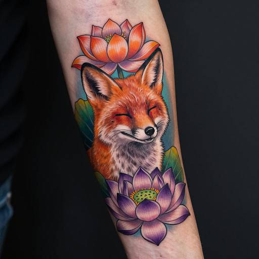 Vibrant Fox and Lotus Tattoo Design