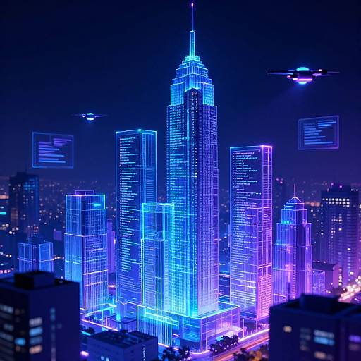Neon-lit, futuristic cityscape photograph at night, showcasing blue and purple illuminated skyscrapers with hovering drones and digital overlays.