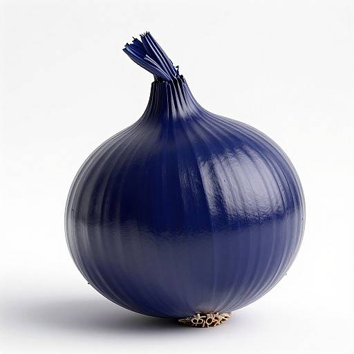 Photograph of a glossy, deep blue onion with a pointed top, standing against a white background, highlighting its smooth texture and vibrant color.