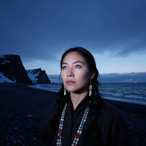 Photograph of a young woman with fair skin, dark hair, and blue eyes, wearing long earrings and a plaid scarf, standing on a dark