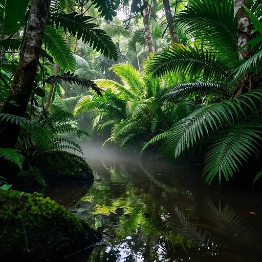Photograph of a dense, lush tropical rainforest with vibrant green ferns, misty air, and a reflective, dark forest stream.