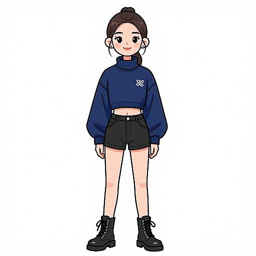Digital anime-style drawing of a cute girl with dark hair in a bun, wearing a navy sweater, black high-waisted shorts, and black boots