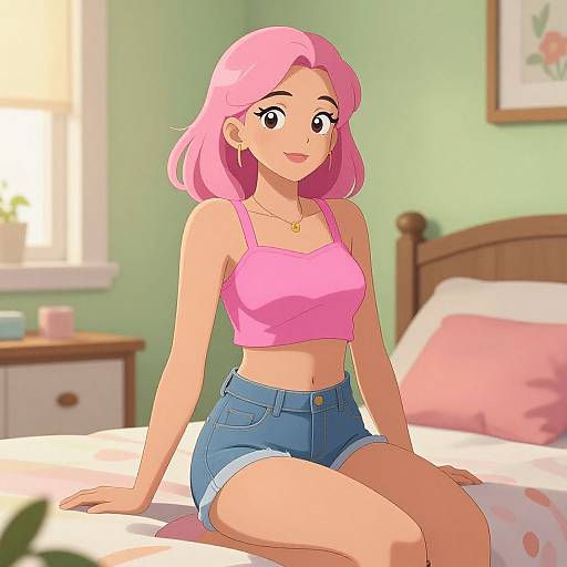 Digital anime-style drawing of a pink-haired girl with large eyes, wearing a pink crop top and blue denim shorts, sitting on a sunlit bed in