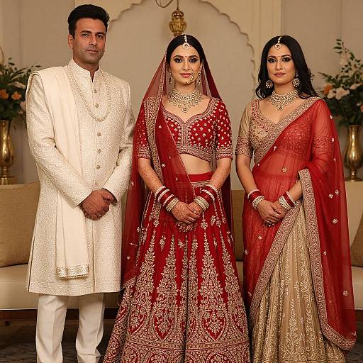 Photograph of an Indian groom in a white sherwani and two brides in red and gold traditional lehengas, standing in an elegant, orn