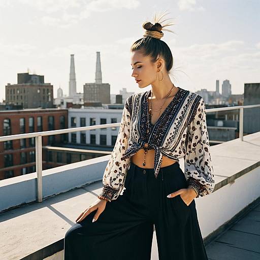 Fashion Model with Top Knot Hairstyle on Rooftop