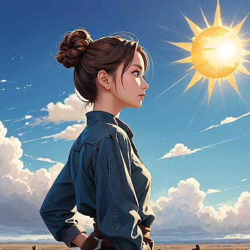 Girl with Hair Bun Against Cloudy Sky