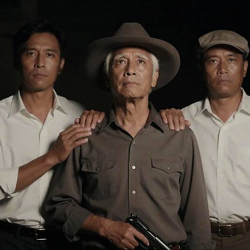 Three Men with Central Man Holding Gun