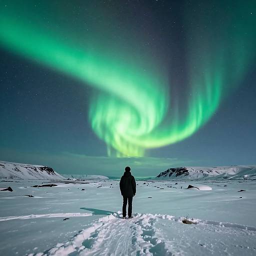 Photograph of a solitary person in winter clothes standing on a snow-covered landscape, gazing at vibrant green Northern Lights swirling in a starry night sky