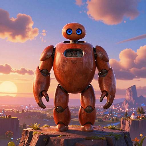 CGI image of a rusted, orange, humanoid robot with blue glowing eyes standing on a grassy rock at sunset, overlooking a cityscape and