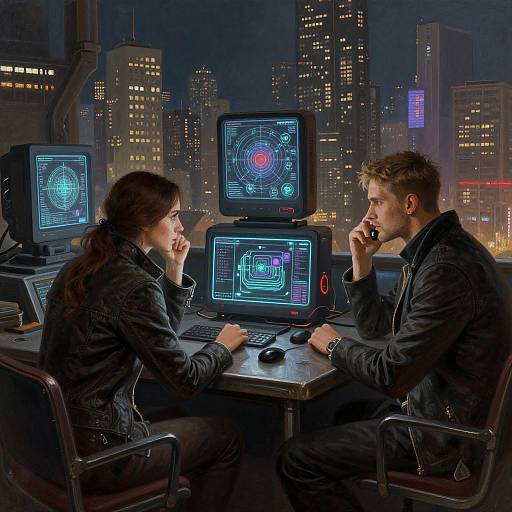 Photograph of a cyberpunk scene: a brunette woman and a blonde man, both in black jackets, sit at a desk with three glowing computer monitors
