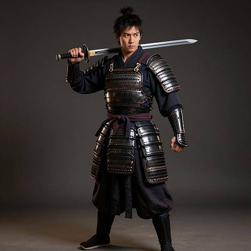 Photograph of a determined Asian male samurai with black spiky hair, wearing shiny black armor, holding a sword over his right shoulder, standing against