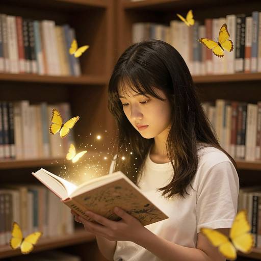 Photograph of an Asian woman with black hair, wearing a white t-shirt, reading a book in a library surrounded by glowing yellow butterflies.