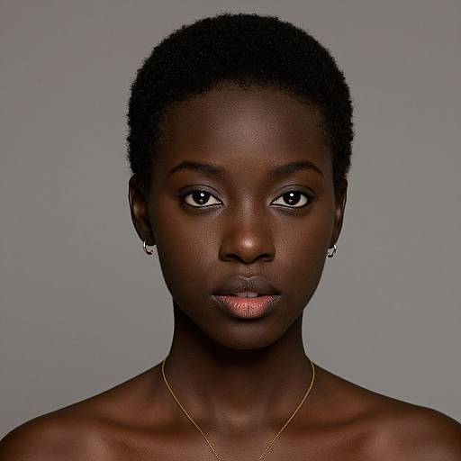 Photograph of a dark-skinned Black woman with short natural hair, wearing small hoop earrings and a thin gold necklace, against a plain gray background.